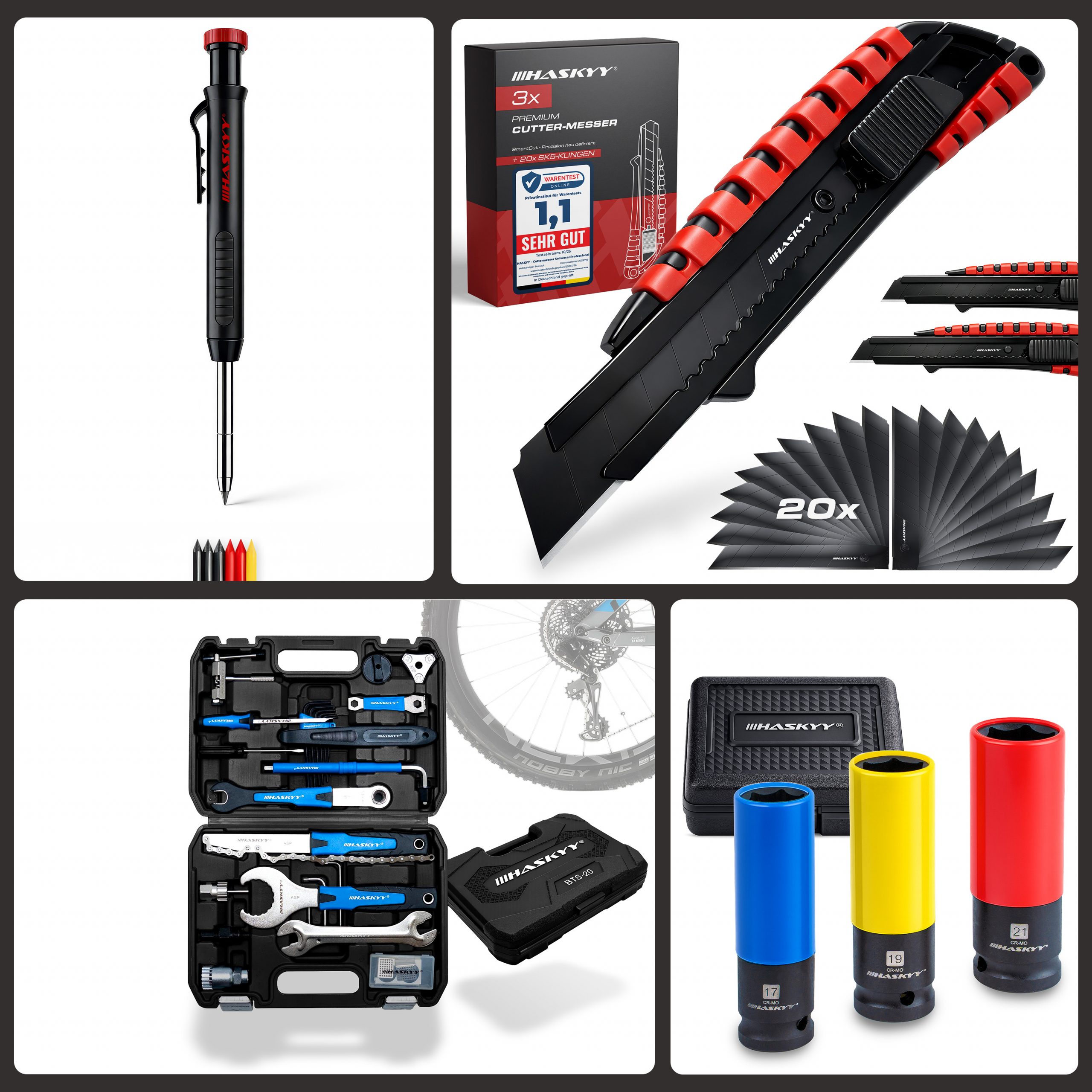 HASKYY Werkzeugprodukte Collage mit Cutter, Werkzeugset, Stecknüssen und Markierstift