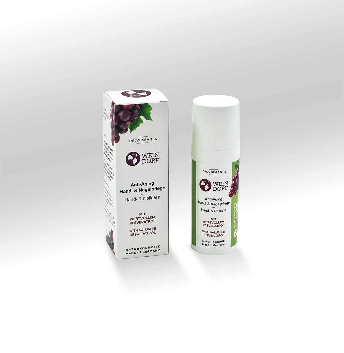 Weindorf Anti-Aging Hand- und Nagelpflege mit Verpackung und Spenderflasche