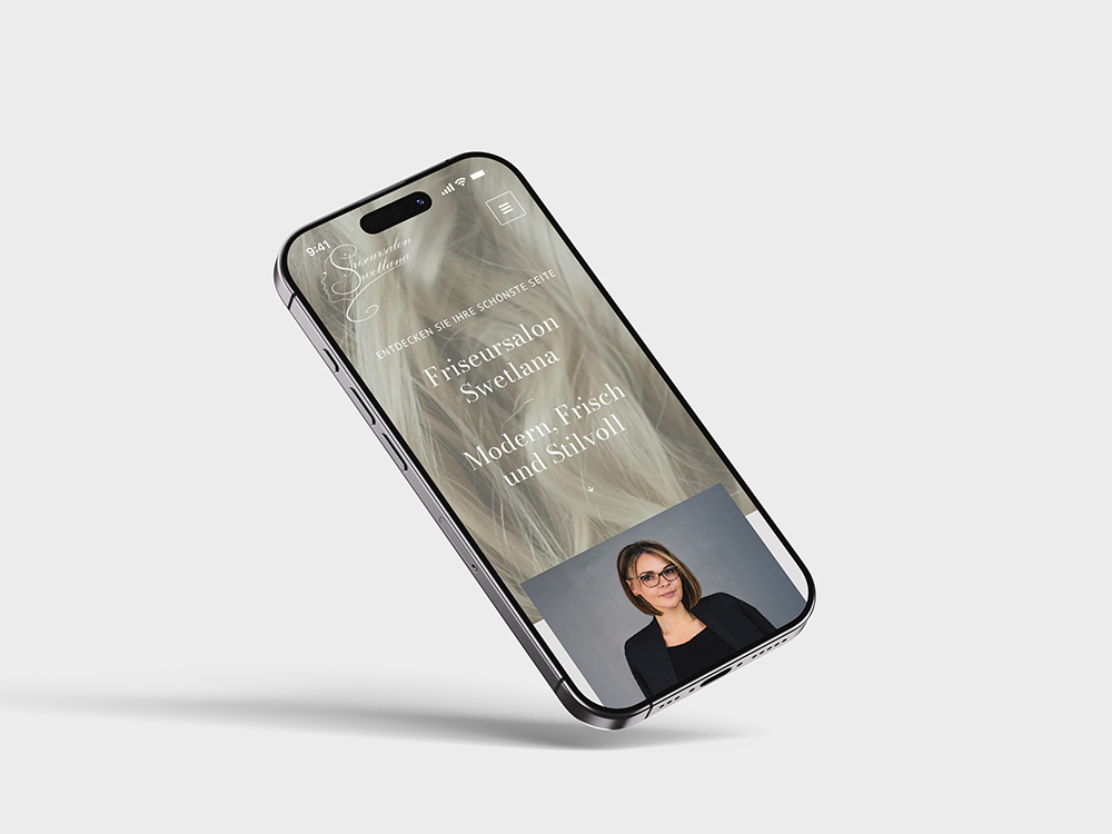 iPhone Mockup mit mobiler Friseursalon-Webseite im modernen Webdesign